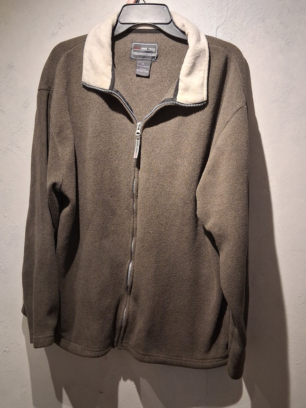 Men's Olive Fleece Zip-Up Jacket with Cream Collar
